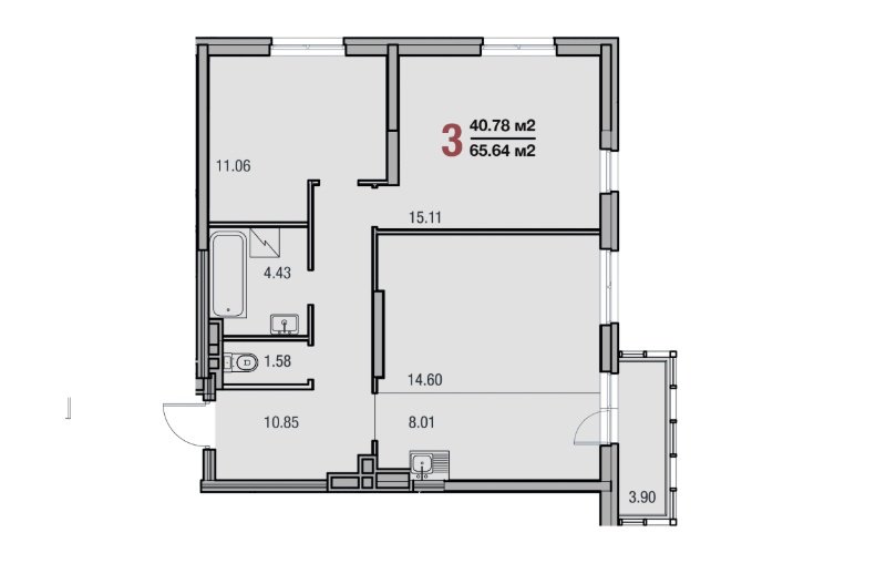 13 этаж 3-комнатн. 65.64 кв.м.