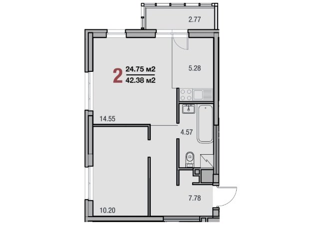 17 этаж 2-комнатн. 42.38 кв.м.
