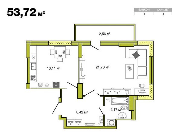 3 этаж 1-комнатн. 53.72 кв.м.