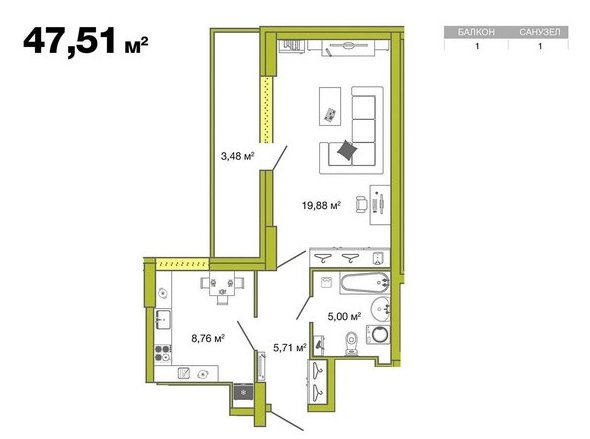 3 этаж 1-комнатн. 47.51 кв.м.