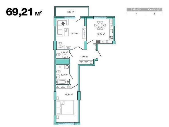 3 этаж 2-комнатн. 69.21 кв.м.